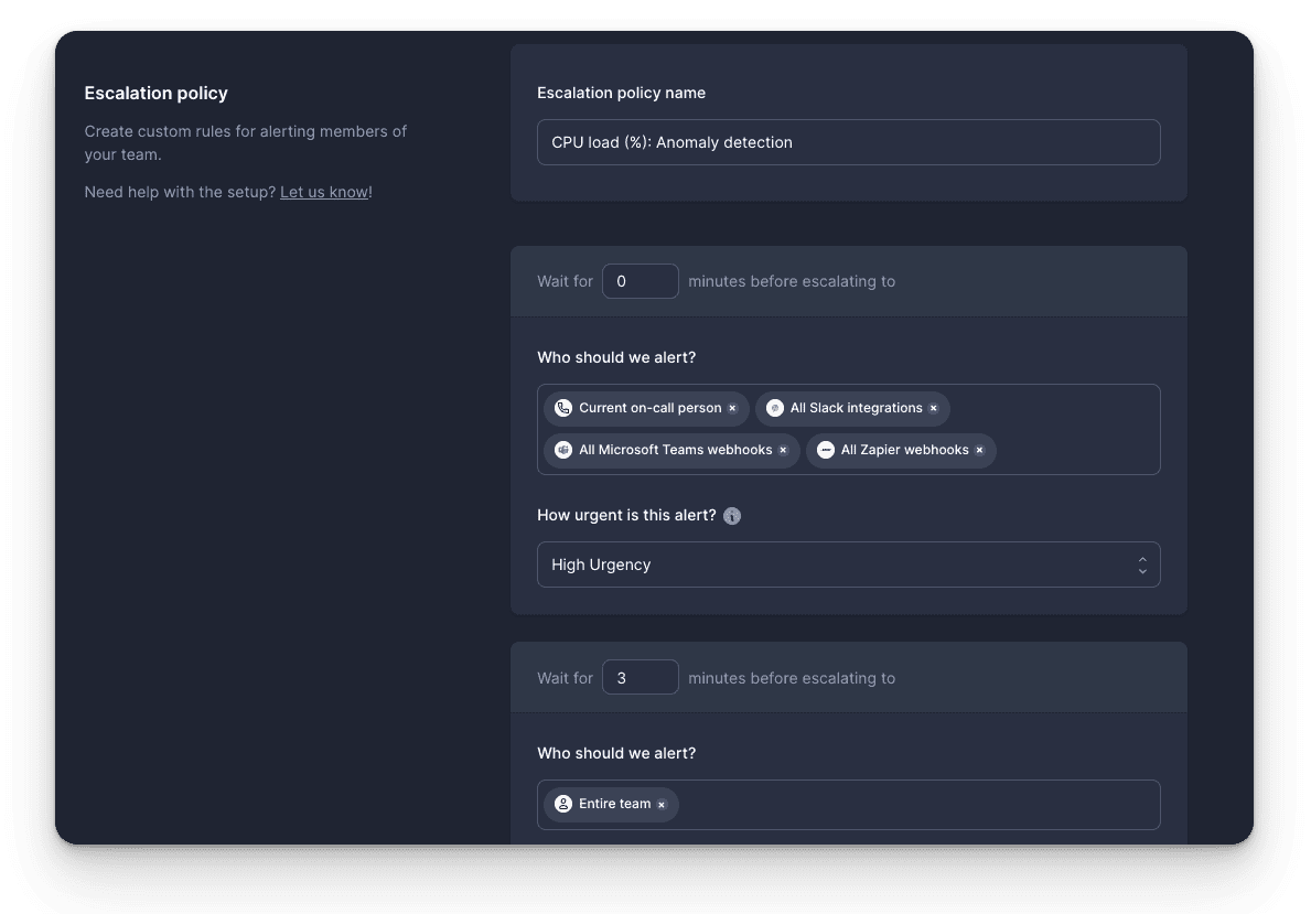 Screenshot of escalation policy configuration